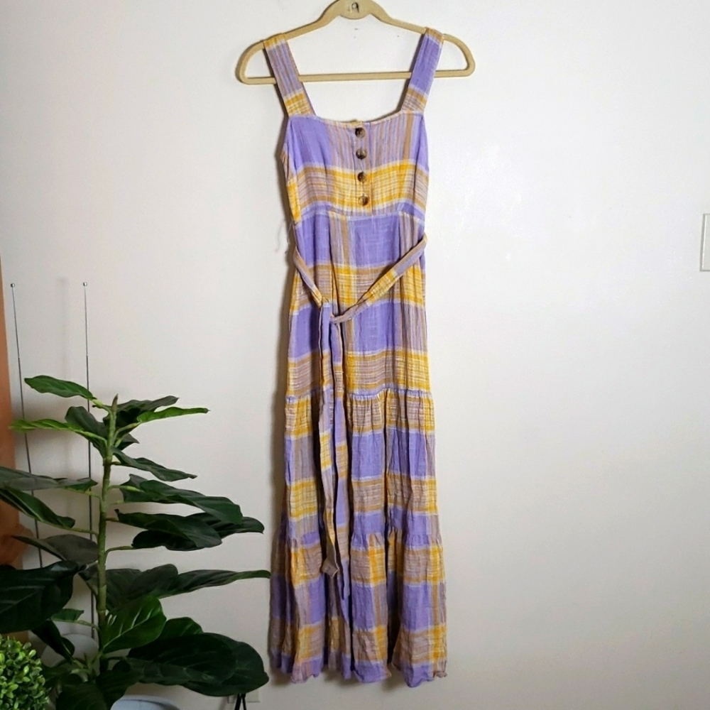 Urban outfitters sankaty linen ruffle maxi dress, plaid, picnic, women's size XS